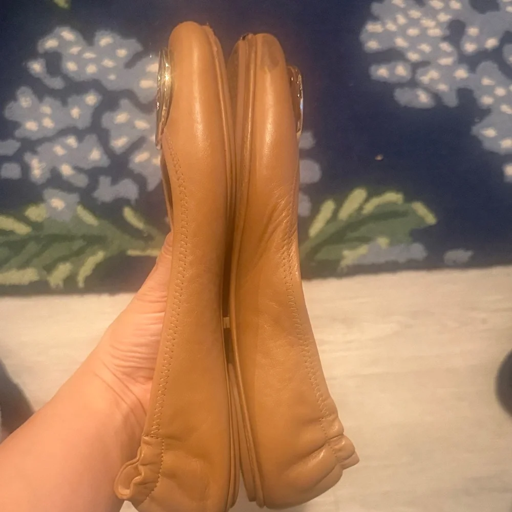 Tory Burch Camel Flats with Gold Logo